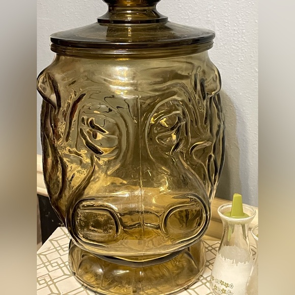 Vintage 1970s Libbey Big Tops Circus Glass 3D Hippo Canister Jar Smokey Brown